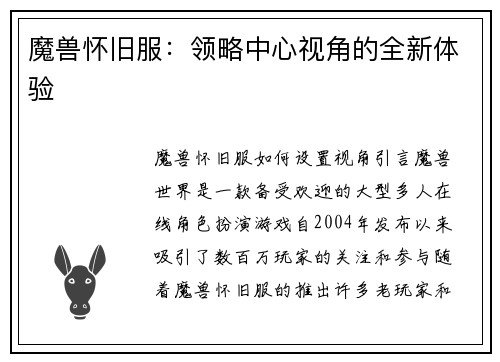 魔兽怀旧服：领略中心视角的全新体验
