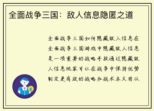 全面战争三国：敌人信息隐匿之道